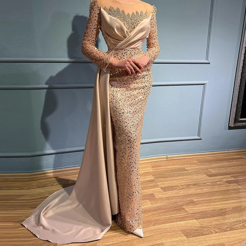 Top Trends: Luxury Mermaid Rose Gold Dubai Evening Dress For Women Wedding Overskirt Long Sleeve Arabic Formal Party Gowns Shoppable Styles