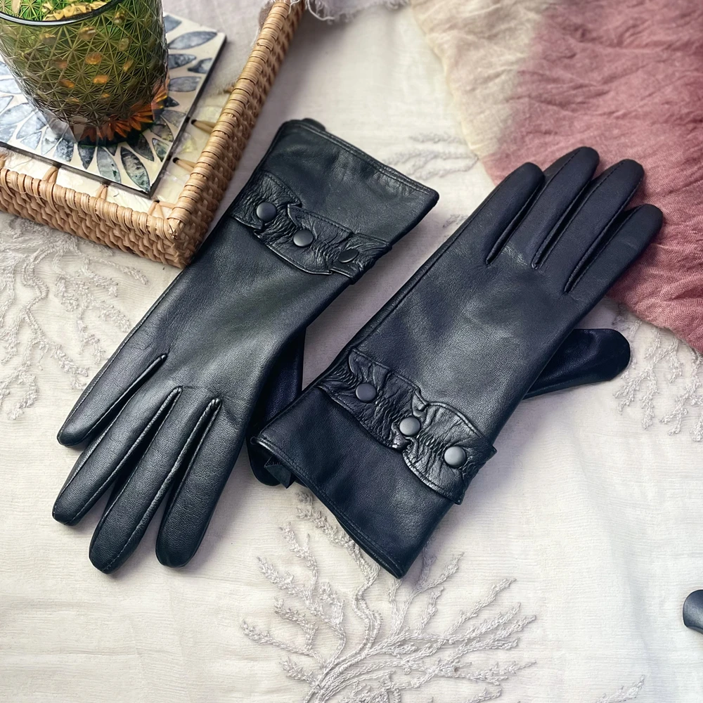 Top Trends: GOURS Winter Real Leather Gloves Women Black Genuine Goatskin Gloves Fashion Fleece Lining Warm Soft Fashion Button New GSL034 Shoppable Styles