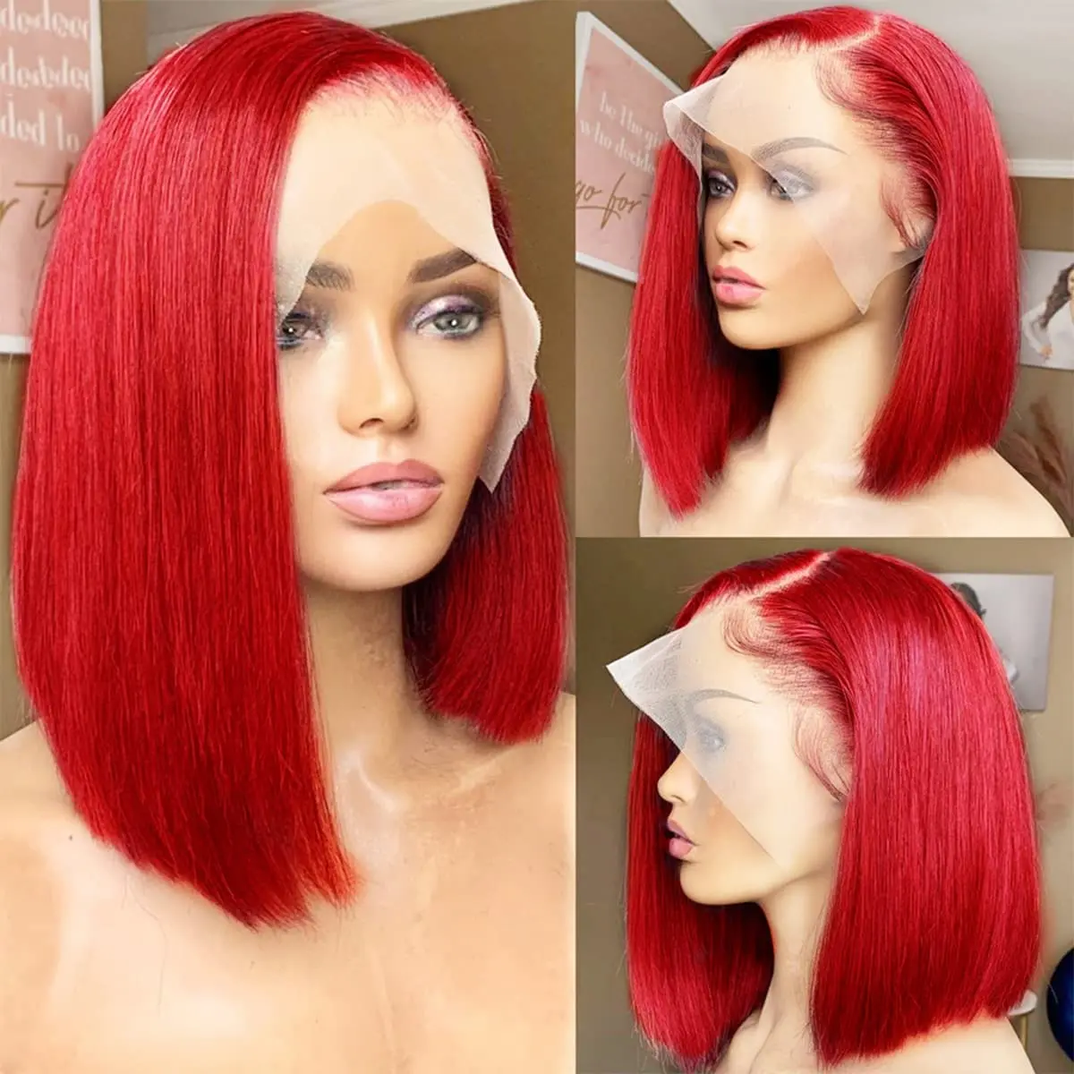 Top Trends: Straight Red Bob 13x1 Lace Front Wig 150% Density Glueless Colored Remy Pre Plucked Hairline T Part Human Hair Short Bob Wig Shoppable Styles