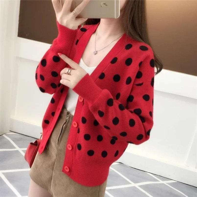 Top Trends: 2023 Autumn / Winter New Women's Polka Dot Fashion Knitwear Korean Version Slim Fit Sweater Academy Style Short Cardigan Coat Shoppable Styles - Image 2