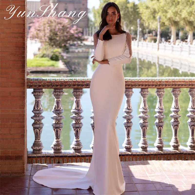 Top Trends: Yunshang Elegant Wedding Dress Women Mermaid Illusion Back Long Sleeve Beading O-Neck Bridal Gown Sweep Train Vestidos De Novia Shoppable Styles