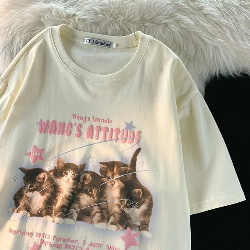 Top Trends: Pure Cotton Summer 2023 Cute Cat Short Sleeved T-shirt Female Japanese Retro Sweet Half Sleeved Student Top Ins Y2k Top T Shirt Shoppable Styles