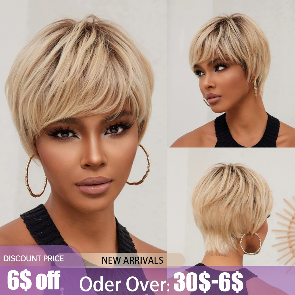 Top Trends: 100% Remy Human Hair Wig For Brazilian Women Blonde Golden Pixie Cut Short Human Hairs Wig Natural Straight Bob Wigs With Bangs Shoppable Styles