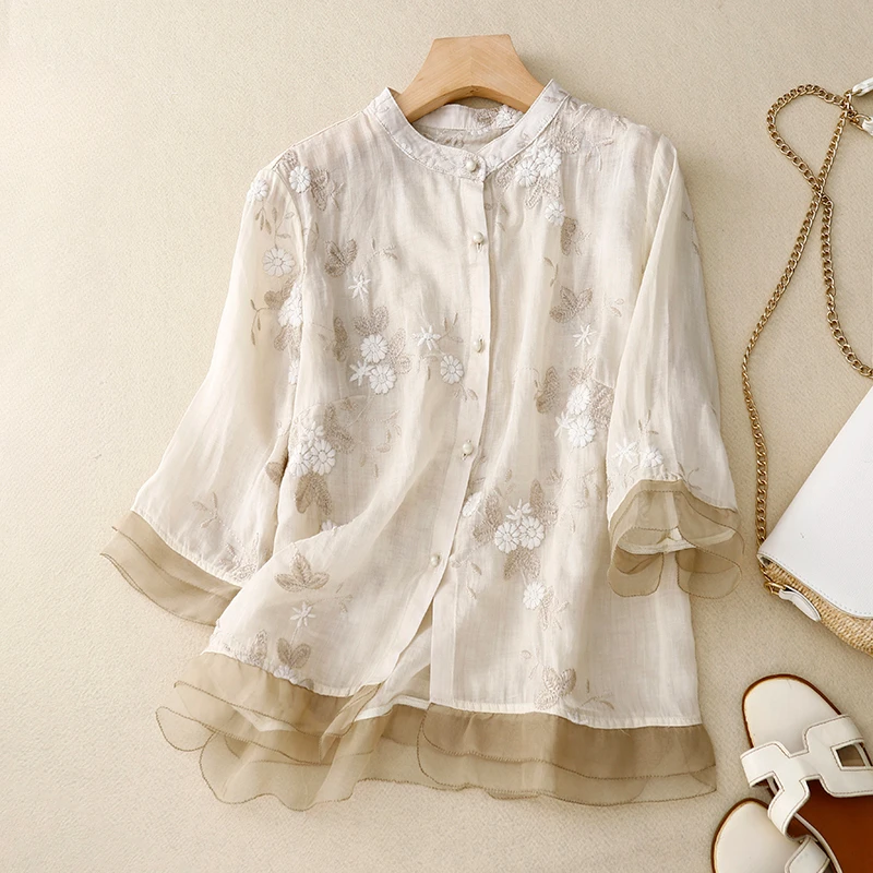 Top Trends: Cotton Linen Floral Women&#039;s Shirts Summer 2023 New Embroidery Chinese Style Blouses Loose Top Short Sleeve Clothing YCMYUNYAN Shoppable Styles