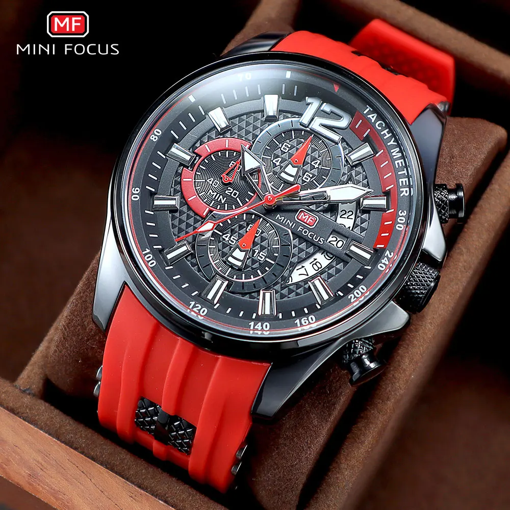 Top Trends: MINI FOCUS Red Watch For Men Fashion Luxury Chronograph Quartz Wristwatch With Silicone Band Luminous Hands Date Waterproof 0350 Shoppable Styles