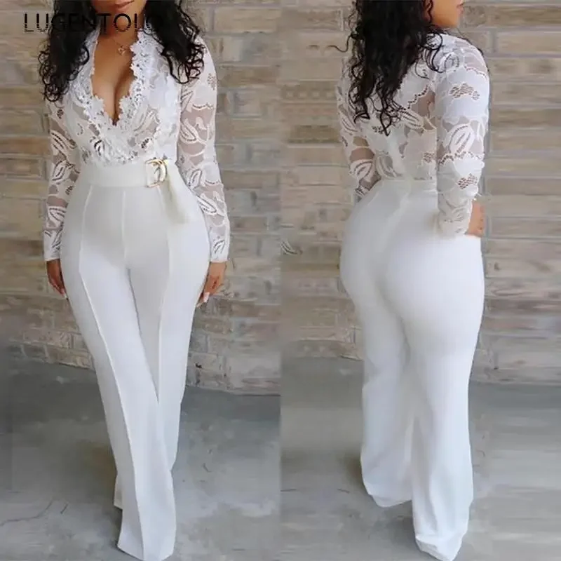 Top Trends: Women White Jumpsuit Lace Stitching Long Sleeve V-neck Large Size Wide Leg Pants Office Lady Jumpsuits For Woman Lugentolo Shoppable Styles