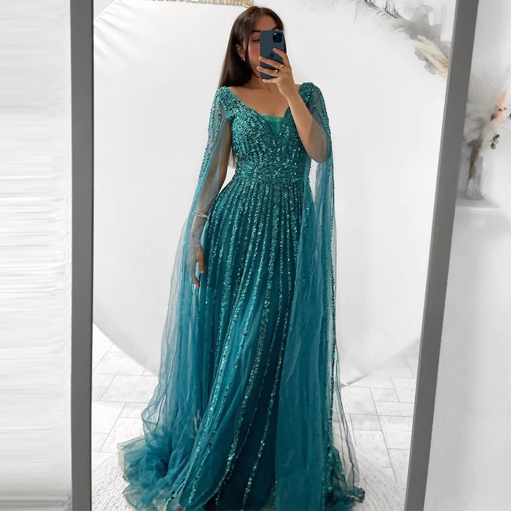 Top Trends: Sevintage Luxury Beading Sequined Prom Dresses Long Sleeves V-Neck A-Line Saudi Arabic Evening Gowns Formal Occasion Dress Shoppable Styles