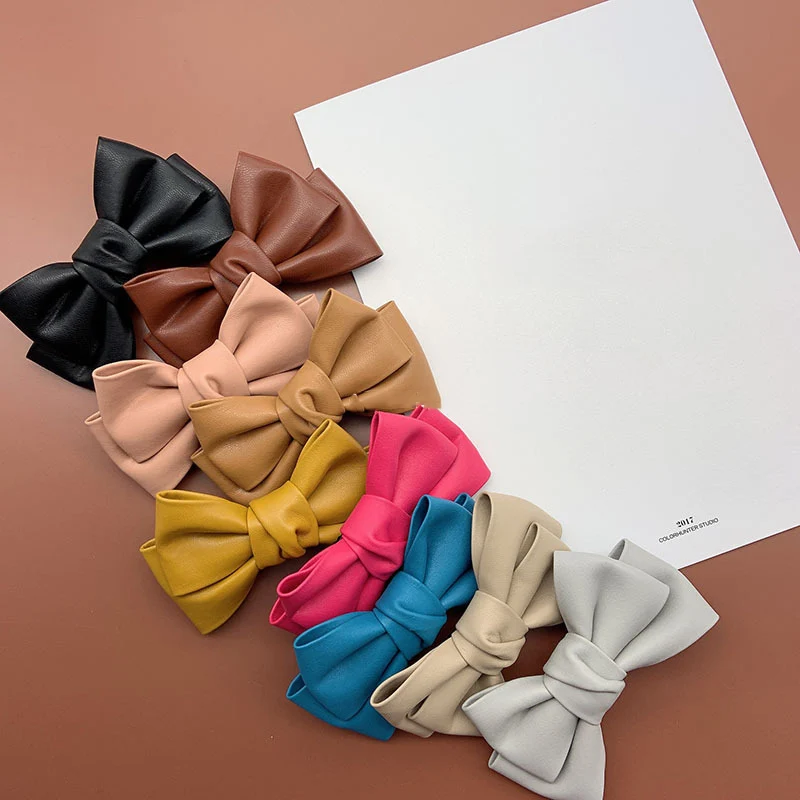 Top Trends: Women Big Size PU Leather Bowknot Hair Barrettes Solid Handmade Double Bows Hair Clips Quality Elegant French Clips 9 Colors Shoppable Styles