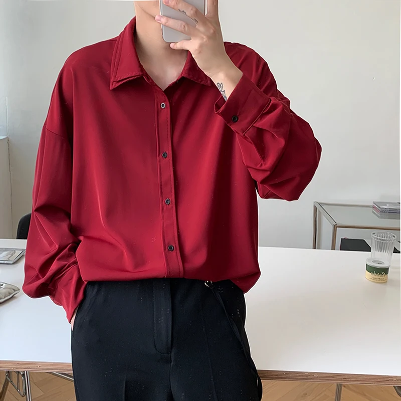 Top Trends: Long Sleeve Shirt Men Double Collar Ice Silk Shirt Men Vintage Wine Red Shirts Men Korean Comfortable Blouse Casual Loose Shirt Shoppable Styles