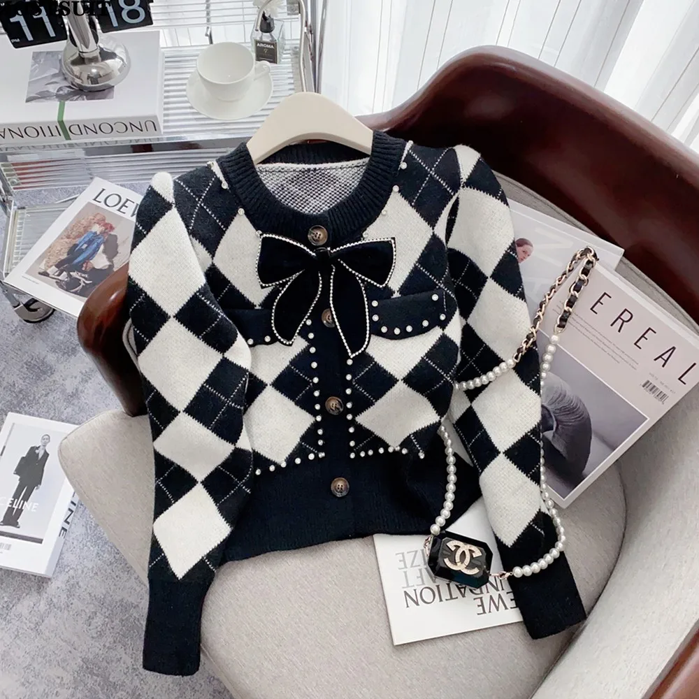 Top Trends: Argyle Knitted Thicken Sweater Cardigan Women 2022 Winter Bowtie Elegant Vintage Stylish Fashion Coat Jacket Long Sleeve Jumpers Shoppable Styles