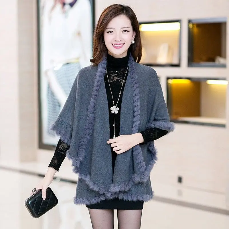 Top Trends: Real Rabbit Warm Spring Shawl Knitted Poncho Women Streetwear Pashmina Fashion Korean Version Two Layers Cardigan Emboss Capes Shoppable Styles