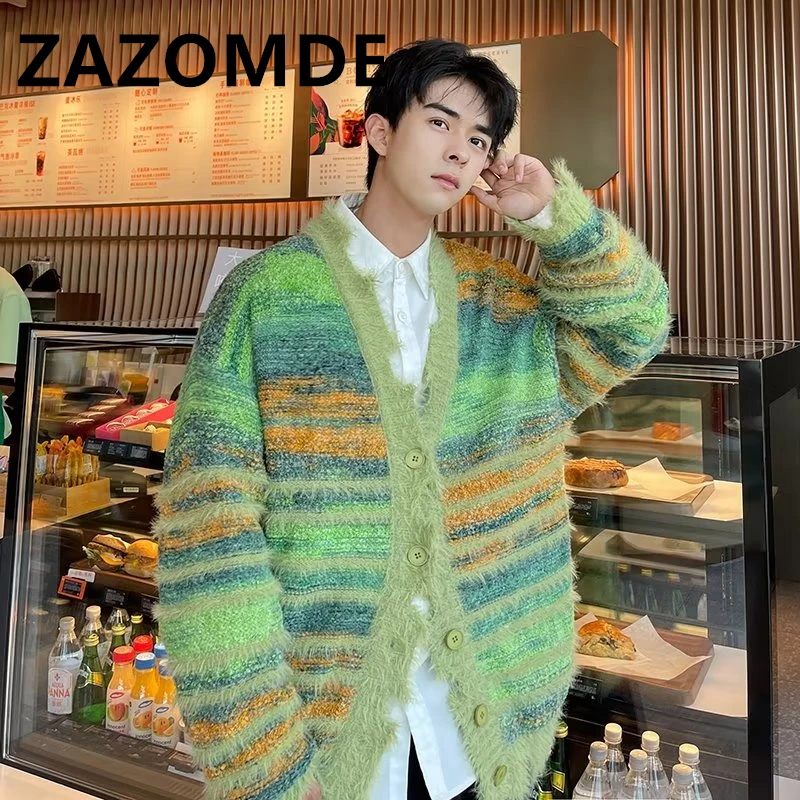 Top Trends: ZAZOMDE Winter Stripe Cardigan Sweater Knit Men Loose Couple Jumper Autumn Contrast Color Irregular Oversized Y2K Knitwear Coat Shoppable Styles