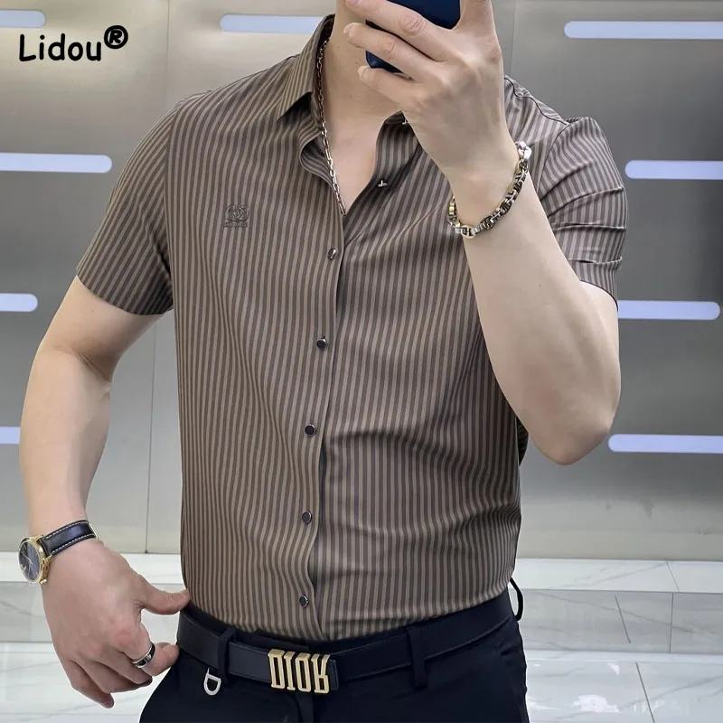 Top Trends: Fashionable Trend Men&#039;s Striped Shirt Summer New Male Clothes Casual Business All-match Short Sleeve Single-breasted Shirts Shoppable Styles