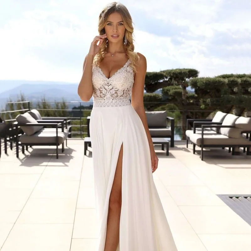 Top Trends: Elegant V-Neck Wedding Dresses Women Lace Open Back White A-Line Spaghetti Straps Applique Chiffon Bridal Gown Vestidos De Novia Shoppable Styles