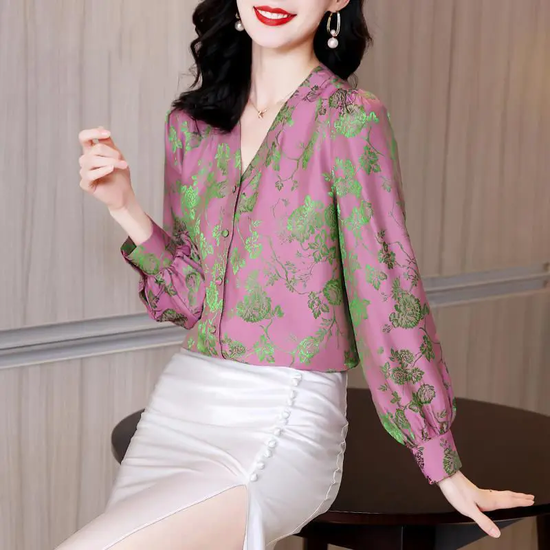 Top Trends: Spring Autumn New Female V-Neck Satin Printed Blouse Long Sleeve Korean Elegant Single-breasted Fashion Shirt Women&#039;s Clothing Shoppable Styles