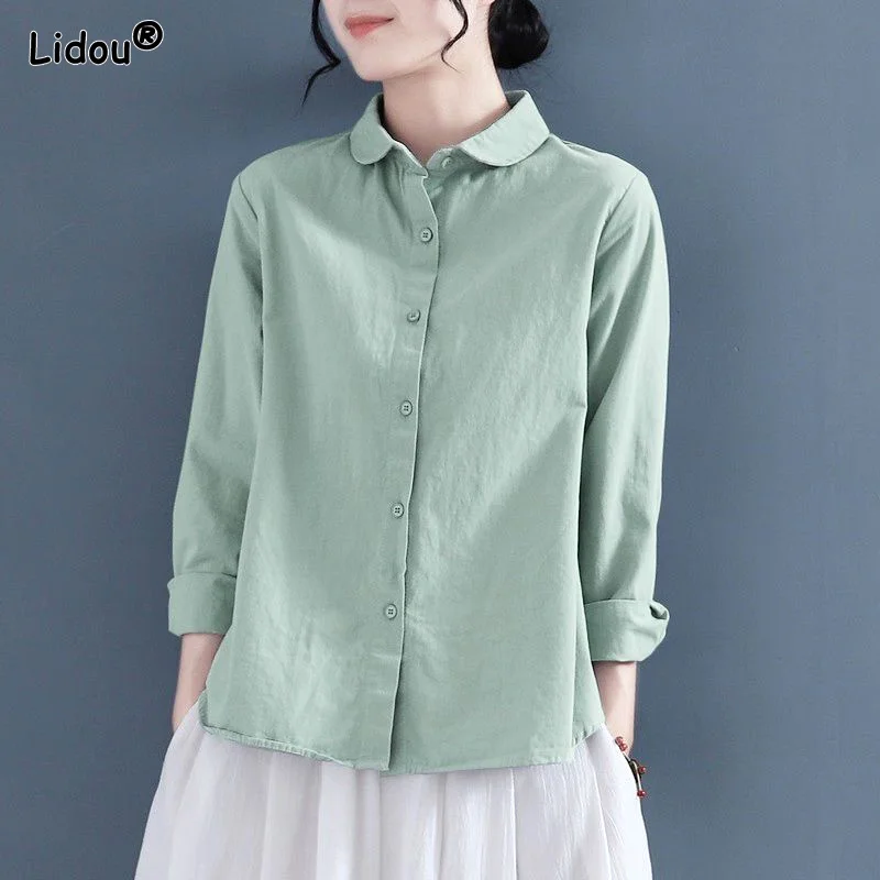 Top Trends: Spring Summer Women&#039;s Clothing 2022 Loose Casual Blouses Solid Bottoming Neutral Turn-down Collar Simplicity Temperament Vintage Shoppable Styles