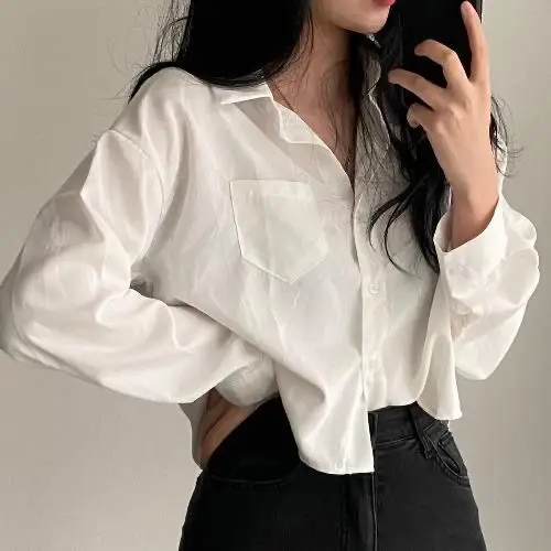 Top Trends: QWEEK Vintage Women Blouse Harajuku Cropped Oversized Shirt Chic And Elegant Long Sleeve Top Korean Style Clothes Fashion Casual Shoppable Styles - Image 5