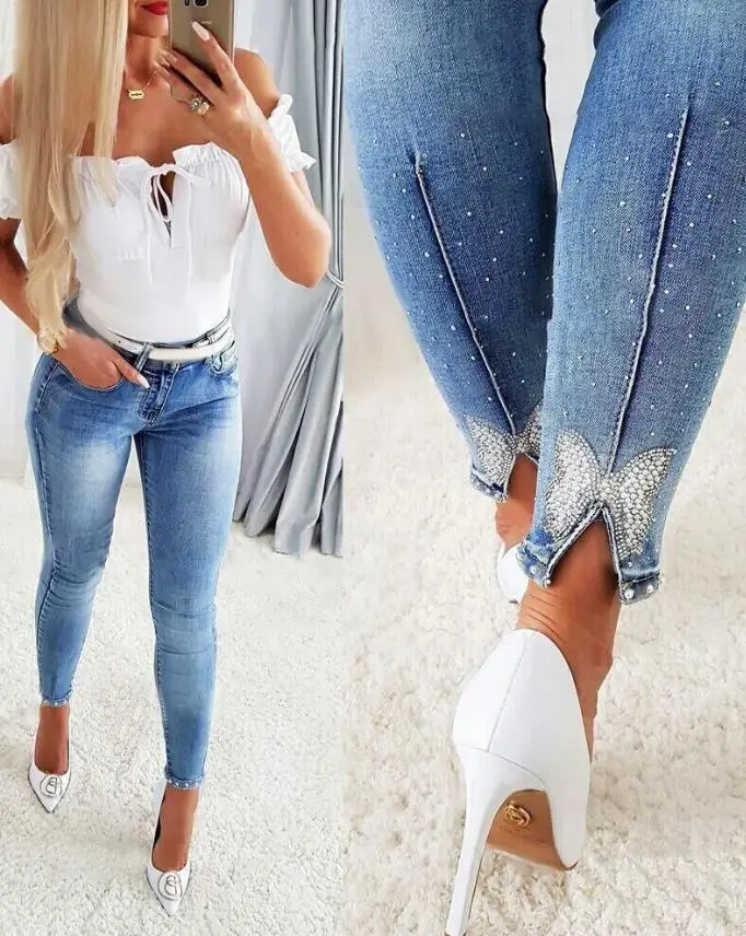 Top Trends: Pants For Woman 2023 New Rhinestone Beaded Butterfly Pattern Split Hem Skinny Jeans Without Belt All-Match Denim Trousers Shoppable Styles