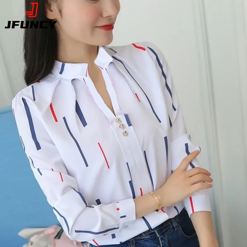 Top Trends: JFUNCY Women White Tops Women's Blouses Fashion Stripe Print Casual Long Sleeve Office Lady Work Shirts Female Slim Blusas Shoppable Styles