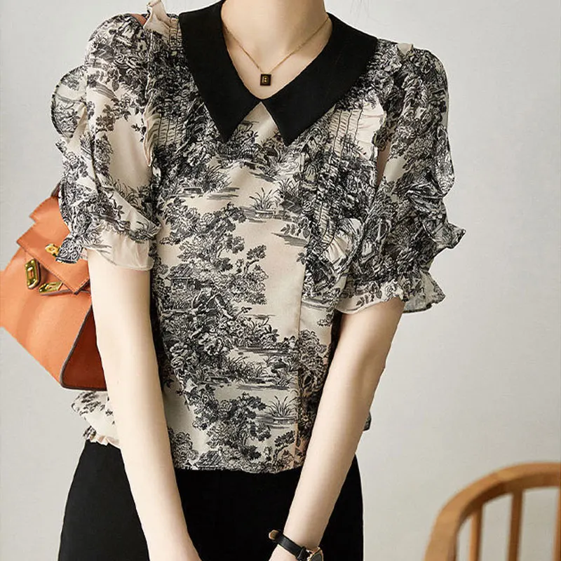 Top Trends: Casual Sweet Peter Pan Collar Stylish Printed Shirt Female Clothing Elegant Ruffles 2023 Summer Short Sleeve Patchwork Blouse Shoppable Styles