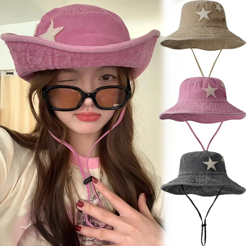 Top Trends: Pink Retro Big Brim Hats Y2K Punk Stars Bucket Caps Summer Outdoor Sun Protection Mountaineering Cowboy Hat Casual Jazz Cap Shoppable Styles