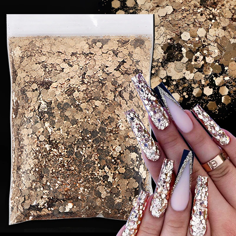 Top Trends: 50g Gold Mixed Hexagonal Chunky Nail Art Glitter Sequins Sparkly Flakes Slices Decorations For UV Gel Nail Supplies Accessories Shoppable Styles