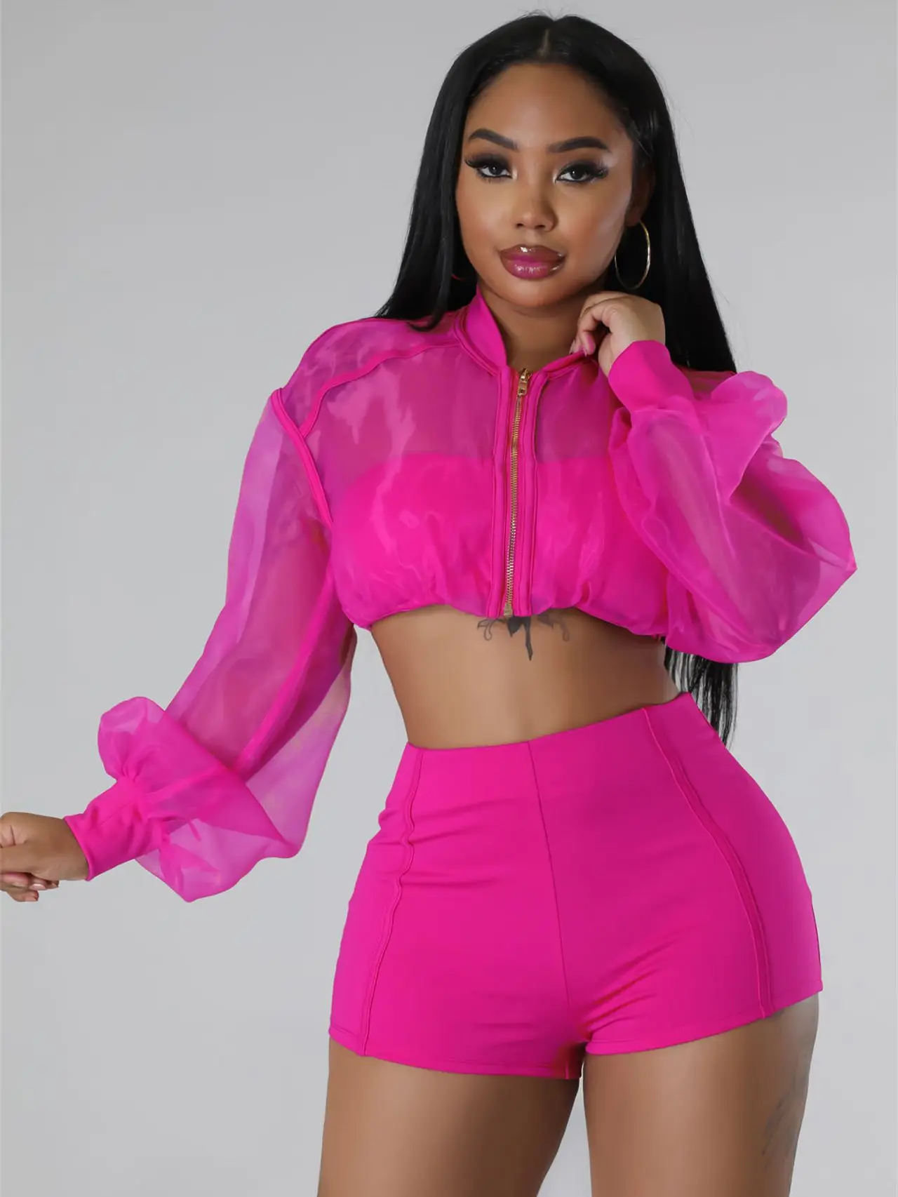 Top Trends: Women Sexy Office Commuter Two Piece Set Solid Zipper Mesh Patchwork Crop Tops And Tight Shorts Elegant Party Tracksuit Outfits Shoppable Styles