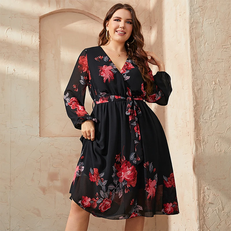 Top Trends: KEBY ZJ Plus Size Floral Print V Neck Midi Belted Dress Women Casual Spring Fall Long Sleeve Elegant Vintage A-Line Dresses 2022 Shoppable Styles - Image 6