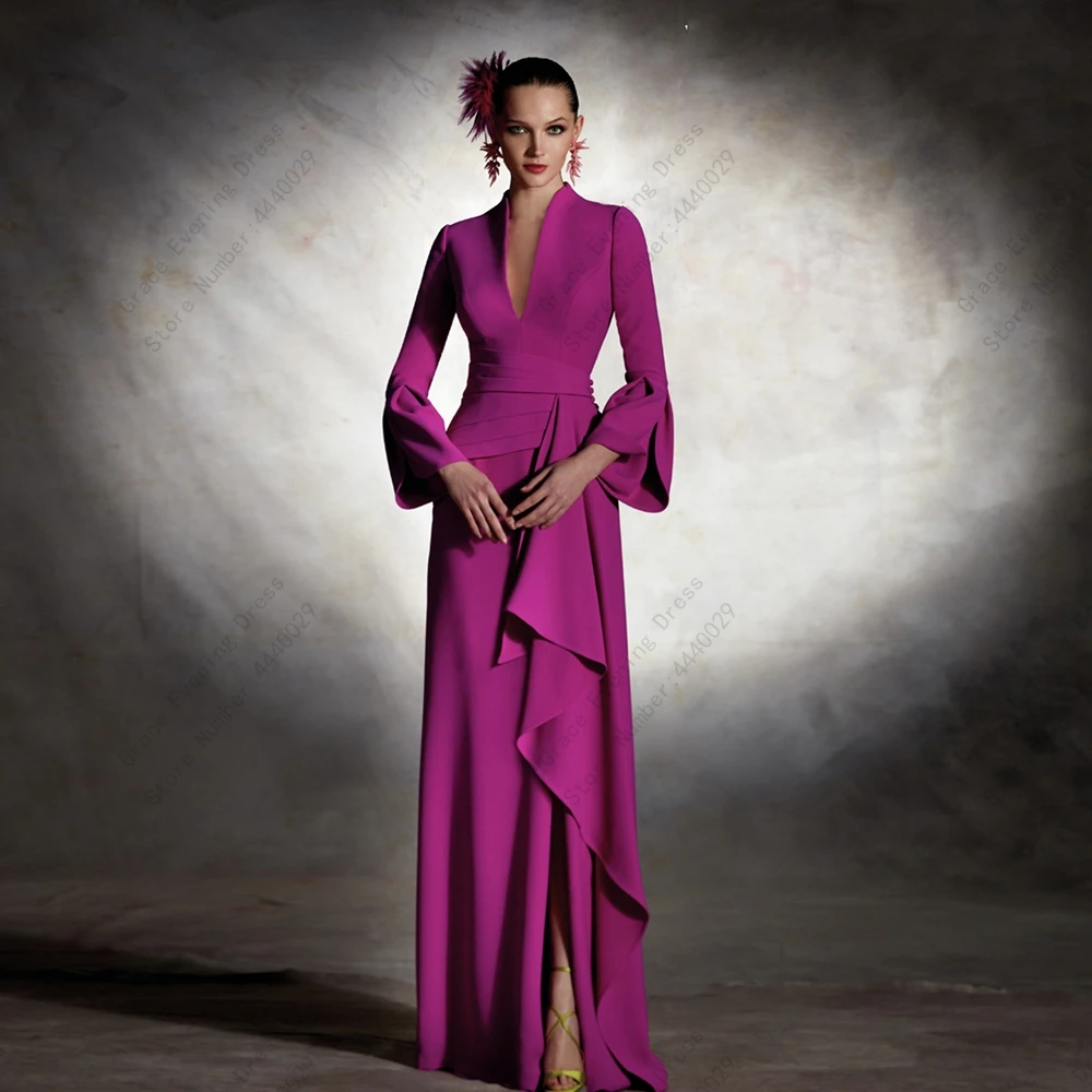 Top Trends: Charming Purple Jersey Mother Of Bride Dresses For Women Sheath 2023 Summer Full Sleeve V Neck Robe De Soirée Wedding Party Gown Shoppable Styles