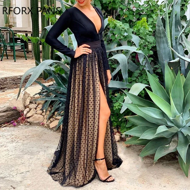 Top Trends: Deep V Dot Mesh Maxi Party Black Dress Shoppable Styles