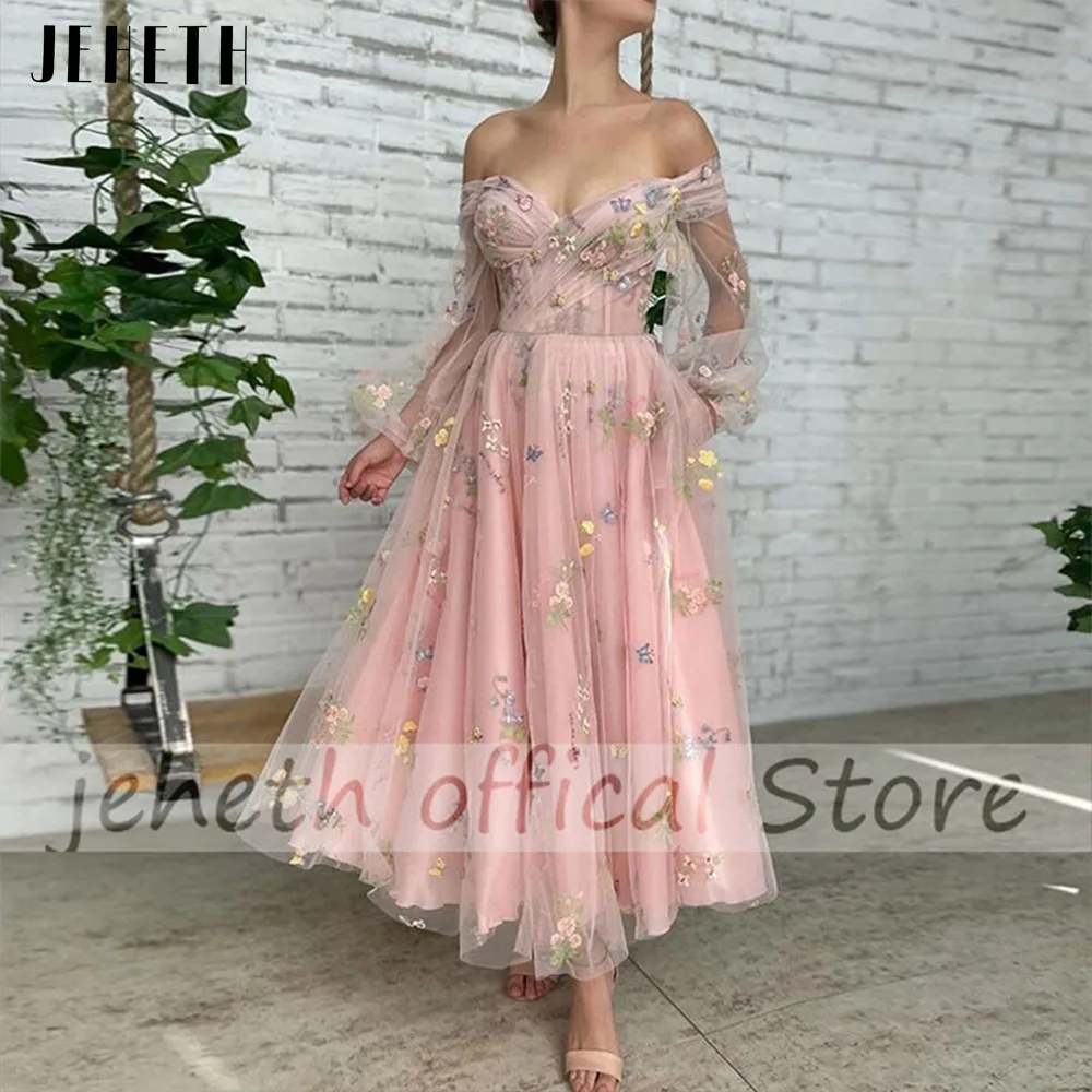 Top Trends: JEHETH Elegant Flower Pink Prom Dress Charming A-line Pageant Sweetheart Illusion Long Sleeve Off Shoulder Evening Gowns Women Shoppable Styles