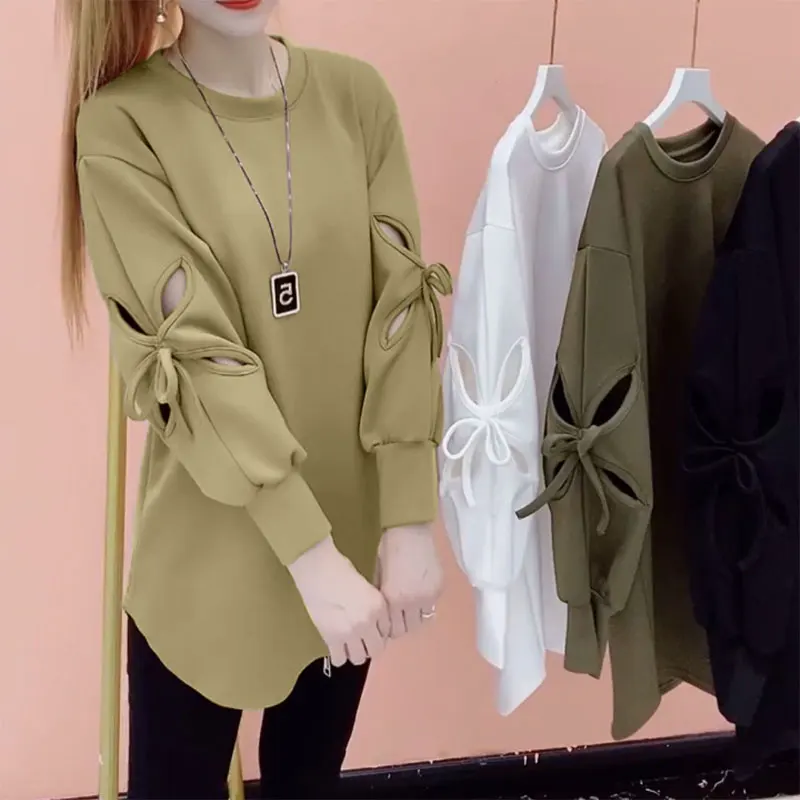 Top Trends: Stylish Solid Color Cut Out Sweatshirts Female Clothing Korean Loose Spring Autumn Long Sleeve Casual Bow Round Neck Pullovers Shoppable Styles