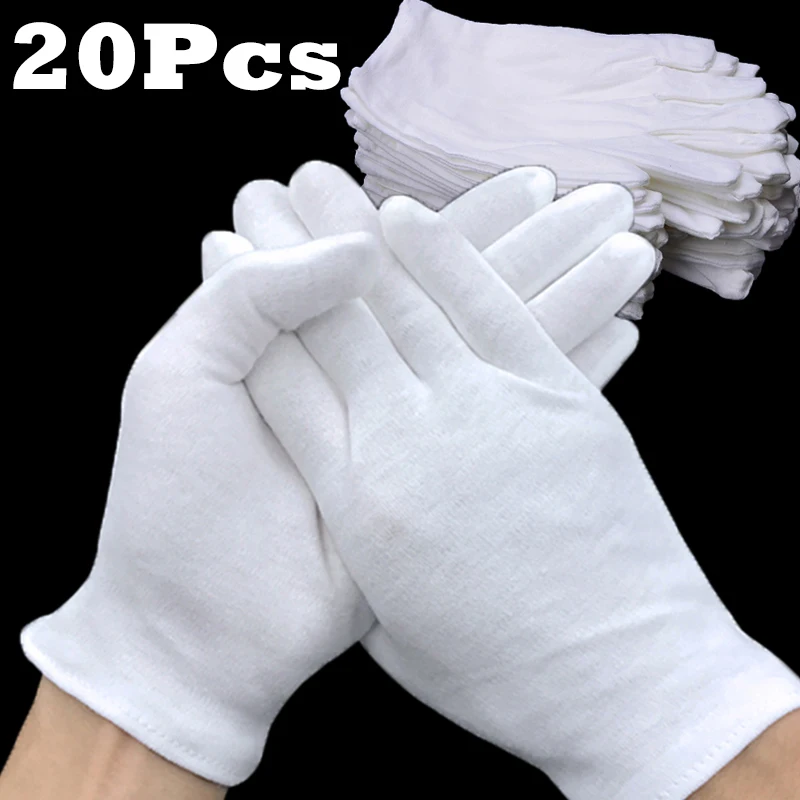 Top Trends: 20Pcs White Cotton Work Gloves For Dry Hands Handling Film SPA Gloves Ceremonial High Stretch Gloves Household Cleaning Tools Shoppable Styles