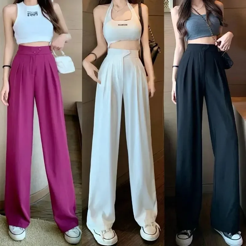 Top Trends: High Waist Women Streetwear Casual Solid White Long Pants 2023 Wide Leg Spring Fall Female High Waist Fashion Vintage Trousers Shoppable Styles