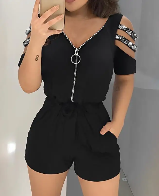 Top Trends: Summer Outfits For Women 2023 Fashion Zipper Design Cutout Cold Shoulder Short Sleeve Top &amp; Casual High Waist Shorts Set Y2k New Shoppable Styles