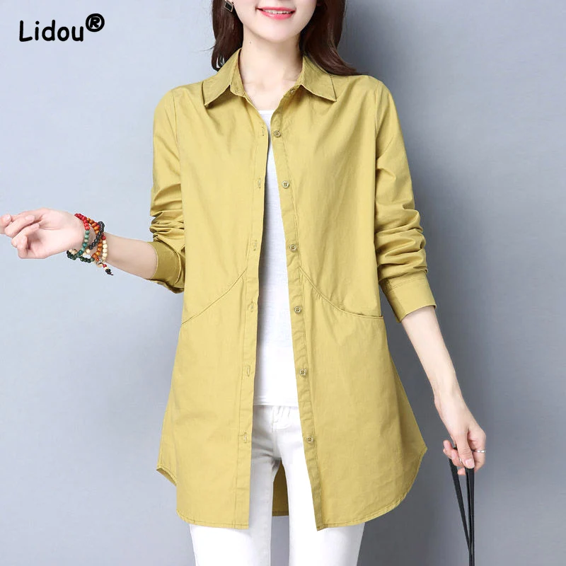 Top Trends: Long Cardigan Autumn Winter Thin Solid Loose Button Patchwork Pockets Turn-down Collar Casual Straight Women&#039;s Clothing Blouses Shoppable Styles