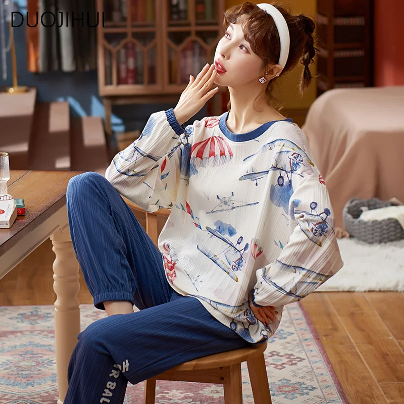 Top Trends: DUOJIHUI Two Piece Korean Chic Printing Pajamas For Women New Simple Pullover Casual Pant Loose Contrast Color Female Sleepwear Shoppable Styles