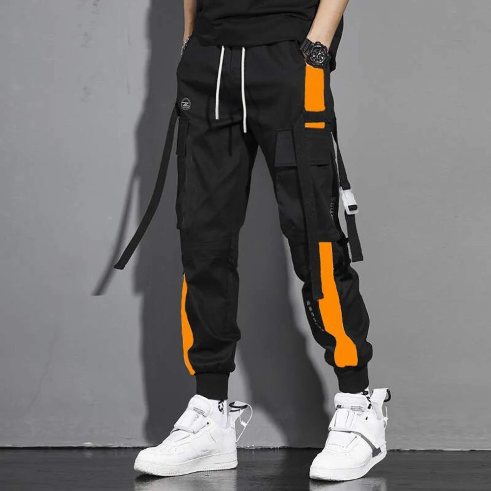 Top Trends: Men Pant Cargo Pockets Male Trousers Loose Streetwear Hip Hop Joggers Casual Ribbons Harem Fashion Chic Patchwork Color Contrast Shoppable Styles