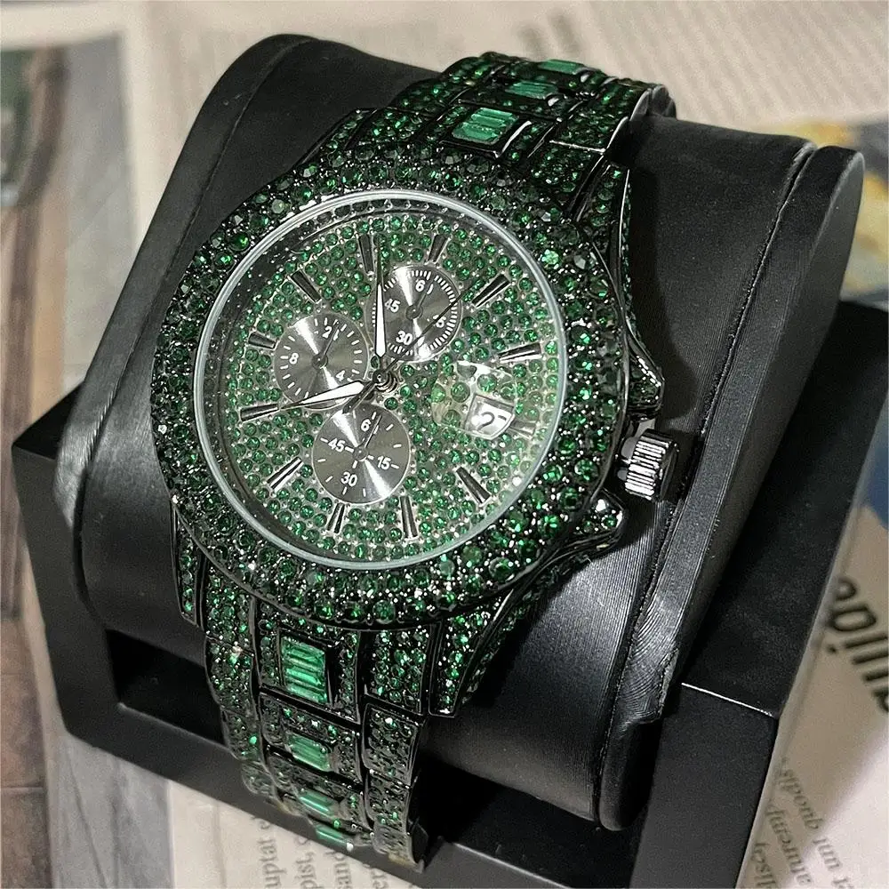 Top Trends: 2023 New MISSFOX Luxury Men&#039;s Green Watches Automatic Date Fashion Waterproof Quartz Wrist Watches Man HipHop Iced Diamond Reloj Shoppable Styles