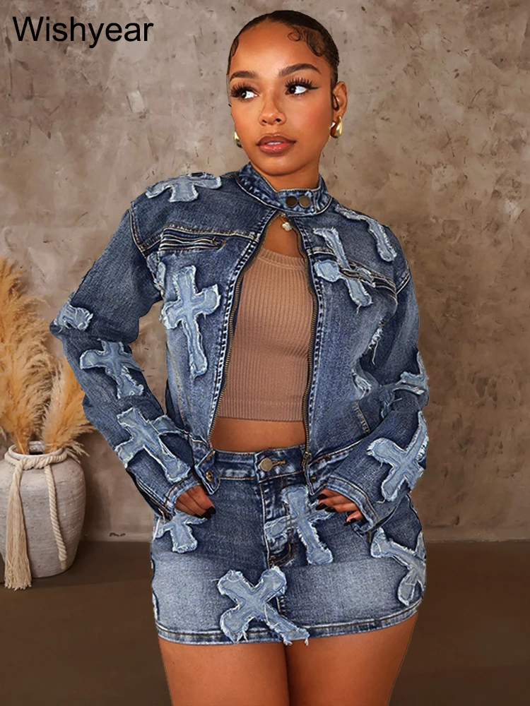 Top Trends: Sexy Spring Long Sleeve Zipper Jacket Tops Mini Skirt Denim 2 Piece Set Women Casual Jeans Street Suit Tassel Embroidery Outfits Shoppable Styles