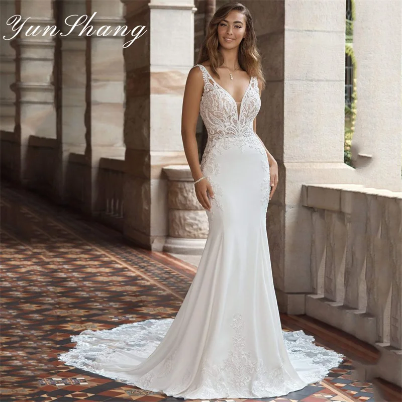 Top Trends: Yunshang Elegant Mermaid Wedding Dresses V-Neck Women 2024 Open Back Spaghetti Straps Bridal Gown Sweep Train Vestidos De Novia Shoppable Styles