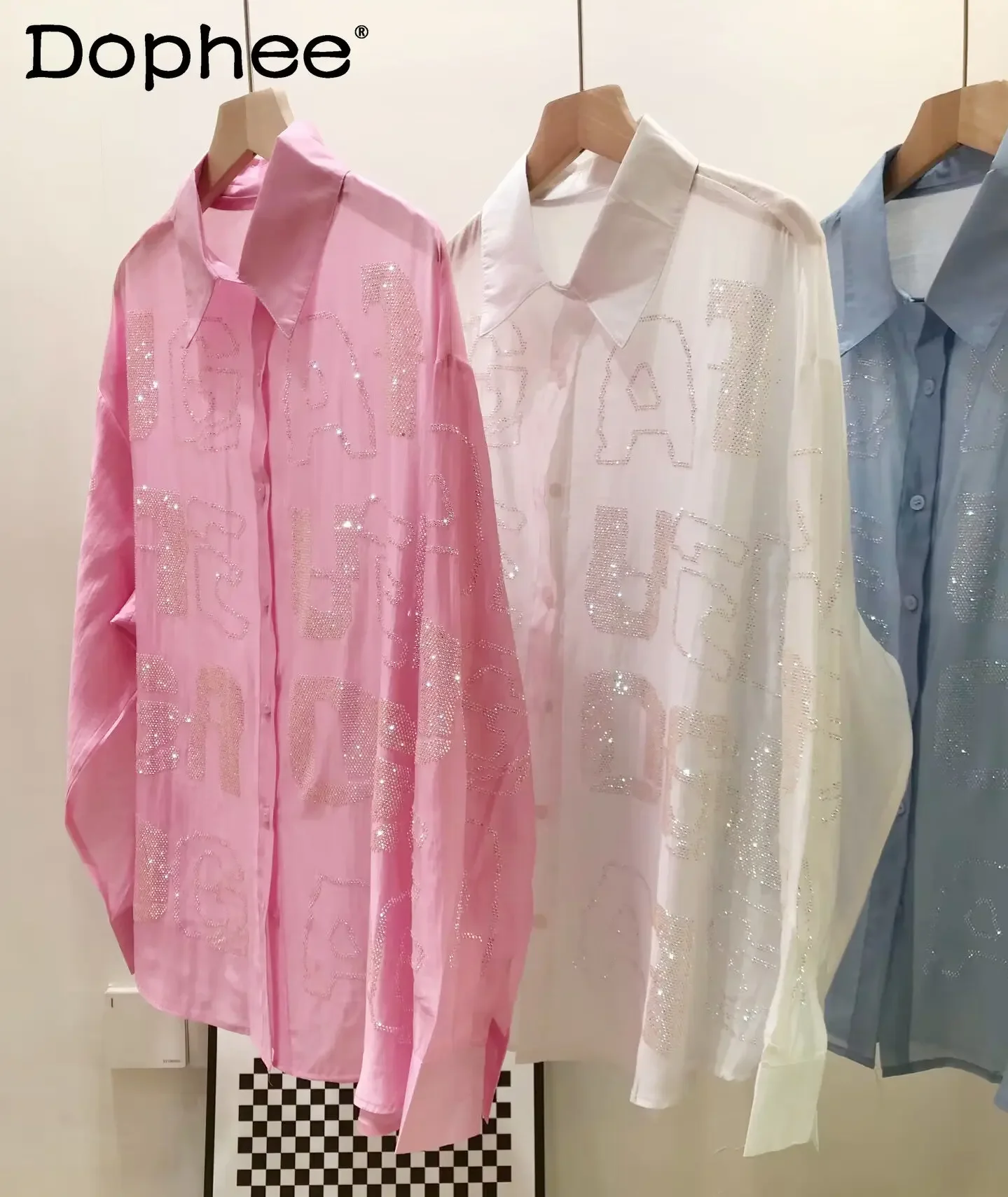 Top Trends: Heavy Industry Letter Hot Drilling Sweet Pink Long Sleeve Blouse Women Temperament Loose Sunscreen Shirt Summer Blusas Femininas Shoppable Styles