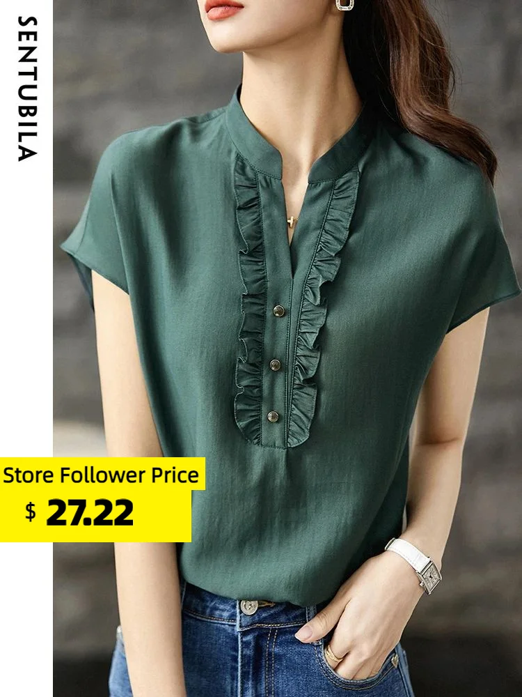 Top Trends: Sentubila Elegant Ruffles V Neck Summer Blouses For Women 2023 Straight Short Raglan Sleeve Fashion Office Lady Shirts &amp; Blouse Shoppable Styles