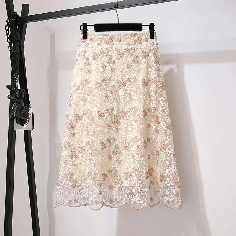 Top Trends: Fashion Floral Heavy Industry Embroidery Lace Skirt Women High Quality Slim Office Lady Classic A-word Large Swing Skirt Shoppable Styles - Image 2