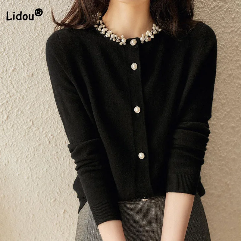 Top Trends: Women's Elegant Beading Spliced Long Sleeve Sweaters Autumn Winter New Solid Color Temperament Knitted Cardigan Female Clothing Shoppable Styles