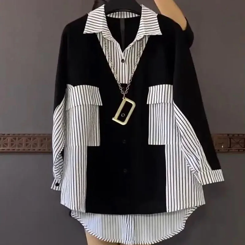 Top Trends: Fashion Korean Striped Patchwork Shirt Female Casual Long Sleeve All-match Loose Single-breasted Blouse Women&#039;s Clothing 2022 Shoppable Styles