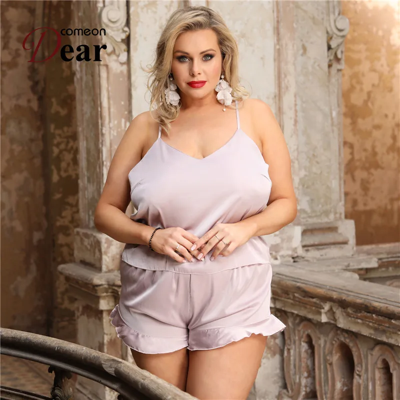 Top Trends: Comeondear Ladies Pajama Sets Homecoming Satin Top Nightwear 5XL Plus Size Halter Chiffon Sleepwear With Ruffle Short Pants Suit Shoppable Styles