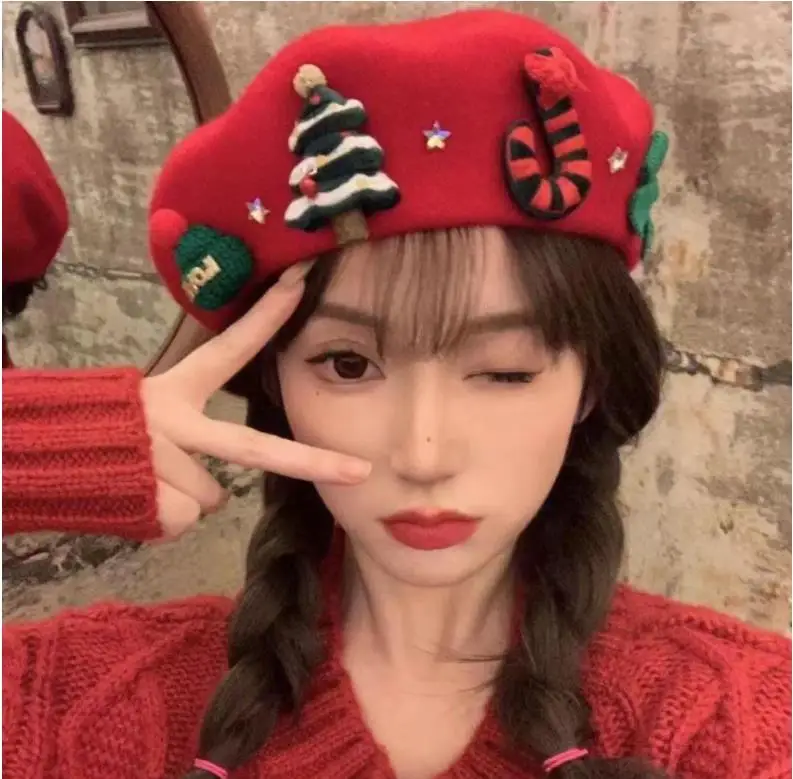 Top Trends: Holiday Hat Y2k Millennium Sweet Sister Winter Warm Wool Tweed Beret Cap Female Christmas Red Painter Hats Shoppable Styles - Image 5