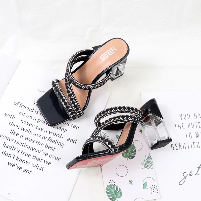 Top Trends: 2022 Summer Oumeifan Fashion Rhinestone Sandals Crystal Heel Straight Rhinestone Square Head Women's Slippers High Heels Shoppable Styles - Image 2