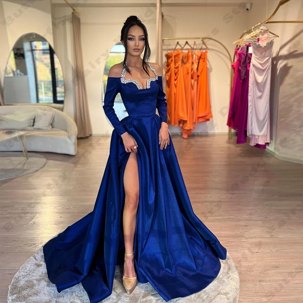 Top Trends: Gorgeous Royal Blue Women&#039;s Evening Dresses A-Line Satin Sexy Side Split Princess Prom Gowns Fashion Celebrity Party Vestidos De Shoppable Styles